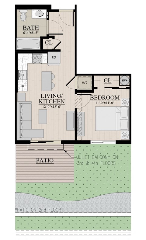 Floor plan for 1 bed, 1 bath, 515 sqft